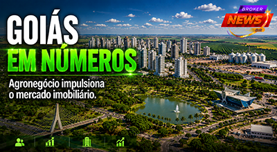 Vista panorâmica de Goiânia com edifícios modernos, avenidas arborizadas e bairros planejados, tendo ao fundo áreas agrícolas, centros logísticos e indústrias que representam a força econômica de Goiás e seu mercado imobiliário.