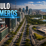 Vista panorâmica da cidade de São Paulo mostrando a Avenida Paulista, o centro financeiro da Faria Lima, modernos arranha-céus, grandes avenidas, parques urbanos e, ao fundo, elementos que representam o Porto de Santos, centros logísticos e o interior agrícola, simbolizando a força e a diversidade do mercado imobiliário paulista.