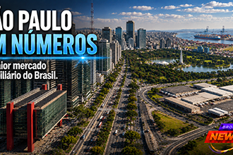 Vista panorâmica da cidade de São Paulo mostrando a Avenida Paulista, o centro financeiro da Faria Lima, modernos arranha-céus, grandes avenidas, parques urbanos e, ao fundo, elementos que representam o Porto de Santos, centros logísticos e o interior agrícola, simbolizando a força e a diversidade do mercado imobiliário paulista.