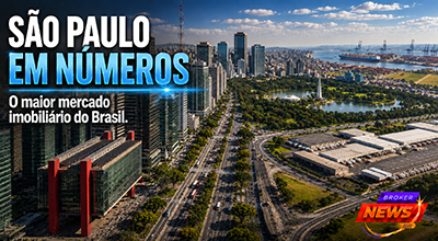 Vista panorâmica da cidade de São Paulo mostrando a Avenida Paulista, o centro financeiro da Faria Lima, modernos arranha-céus, grandes avenidas, parques urbanos e, ao fundo, elementos que representam o Porto de Santos, centros logísticos e o interior agrícola, simbolizando a força e a diversidade do mercado imobiliário paulista.