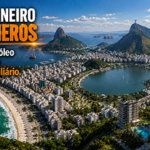 Vista panorâmica da cidade do Rio de Janeiro mostrando a orla de Copacabana e Ipanema, a Lagoa Rodrigo de Freitas, bairros com edifícios modernos, áreas verdes, o Pão de Açúcar ao fundo e, integrados à composição, elementos que representam o turismo, o setor de petróleo e gás, marinas e empreendimentos de alto padrão, simbolizando a diversidade e a força do mercado imobiliário fluminense.