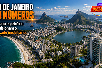 Vista panorâmica da cidade do Rio de Janeiro mostrando a orla de Copacabana e Ipanema, a Lagoa Rodrigo de Freitas, bairros com edifícios modernos, áreas verdes, o Pão de Açúcar ao fundo e, integrados à composição, elementos que representam o turismo, o setor de petróleo e gás, marinas e empreendimentos de alto padrão, simbolizando a diversidade e a força do mercado imobiliário fluminense.