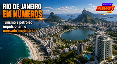 Vista panorâmica da cidade do Rio de Janeiro mostrando a orla de Copacabana e Ipanema, a Lagoa Rodrigo de Freitas, bairros com edifícios modernos, áreas verdes, o Pão de Açúcar ao fundo e, integrados à composição, elementos que representam o turismo, o setor de petróleo e gás, marinas e empreendimentos de alto padrão, simbolizando a diversidade e a força do mercado imobiliário fluminense.