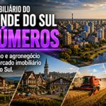 Vista panorâmica de Porto Alegre com o Guaíba ao fundo, modernos edifícios residenciais e comerciais, integrando discretamente elementos que representam a Serra Gaúcha, vinhedos, Gramado, Canela, o Porto do Rio Grande, centros logísticos e o agronegócio, simbolizando a diversidade e a força do mercado imobiliário do Rio Grande do Sul.