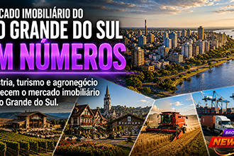 Vista panorâmica de Porto Alegre com o Guaíba ao fundo, modernos edifícios residenciais e comerciais, integrando discretamente elementos que representam a Serra Gaúcha, vinhedos, Gramado, Canela, o Porto do Rio Grande, centros logísticos e o agronegócio, simbolizando a diversidade e a força do mercado imobiliário do Rio Grande do Sul.