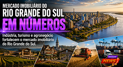Vista panorâmica de Porto Alegre com o Guaíba ao fundo, modernos edifícios residenciais e comerciais, integrando discretamente elementos que representam a Serra Gaúcha, vinhedos, Gramado, Canela, o Porto do Rio Grande, centros logísticos e o agronegócio, simbolizando a diversidade e a força do mercado imobiliário do Rio Grande do Sul.