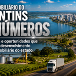 Vista panorâmica hiper-realista da cidade de Palmas com o Lago de Palmas em destaque, avenidas largas, bairros planejados e edifícios modernos. Ao fundo, integração natural com áreas de cultivo de soja, silos, rodovias, caminhões de carga e paisagens do cerrado tocantinense, simbolizando o crescimento do agronegócio, da logística e do mercado imobiliário do Tocantins.