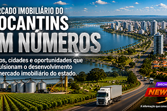 Vista panorâmica hiper-realista da cidade de Palmas com o Lago de Palmas em destaque, avenidas largas, bairros planejados e edifícios modernos. Ao fundo, integração natural com áreas de cultivo de soja, silos, rodovias, caminhões de carga e paisagens do cerrado tocantinense, simbolizando o crescimento do agronegócio, da logística e do mercado imobiliário do Tocantins.