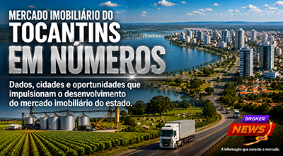 Vista panorâmica hiper-realista da cidade de Palmas com o Lago de Palmas em destaque, avenidas largas, bairros planejados e edifícios modernos. Ao fundo, integração natural com áreas de cultivo de soja, silos, rodovias, caminhões de carga e paisagens do cerrado tocantinense, simbolizando o crescimento do agronegócio, da logística e do mercado imobiliário do Tocantins.