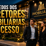 Corretor de imóveis atendendo um casal em uma imobiliária moderna, com materiais institucionais organizados sobre a mesa, computador exibindo anúncios de imóveis, smartphone com redes sociais abertas, câmera fotográfica profissional, chaveiro personalizado, pasta com documentos, fachada elegante ao fundo e elementos que representam marketing digital, marketing offline, home staging, networking e profissionalismo no mercado imobiliário.