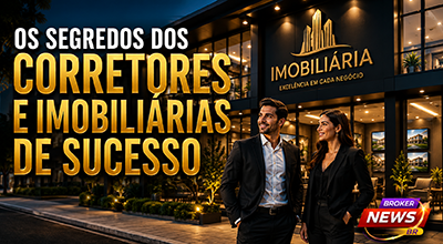 Corretor de imóveis atendendo um casal em uma imobiliária moderna, com materiais institucionais organizados sobre a mesa, computador exibindo anúncios de imóveis, smartphone com redes sociais abertas, câmera fotográfica profissional, chaveiro personalizado, pasta com documentos, fachada elegante ao fundo e elementos que representam marketing digital, marketing offline, home staging, networking e profissionalismo no mercado imobiliário.