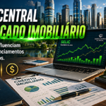 Fotografia hiper-realista de um ambiente corporativo moderno com documentos financeiros, gráficos econômicos, notebook exibindo indicadores da taxa Selic, maquete de edifício residencial de alto padrão e skyline urbano ao fundo, representando a influência do Banco Central e da política monetária sobre o mercado imobiliário brasileiro.