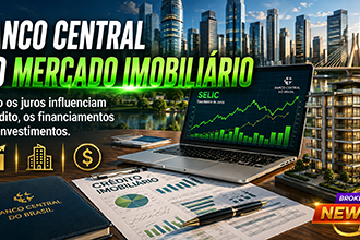 Fotografia hiper-realista de um ambiente corporativo moderno com documentos financeiros, gráficos econômicos, notebook exibindo indicadores da taxa Selic, maquete de edifício residencial de alto padrão e skyline urbano ao fundo, representando a influência do Banco Central e da política monetária sobre o mercado imobiliário brasileiro.