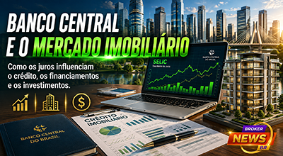 Fotografia hiper-realista de um ambiente corporativo moderno com documentos financeiros, gráficos econômicos, notebook exibindo indicadores da taxa Selic, maquete de edifício residencial de alto padrão e skyline urbano ao fundo, representando a influência do Banco Central e da política monetária sobre o mercado imobiliário brasileiro.
