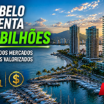 Fotografia hiper-realista de Porto Belo, em Santa Catarina, mostrando a orla com mar azul, modernos edifícios residenciais de alto padrão, marina com embarcações, áreas verdes e intensa expansão urbana ao pôr do sol, representando a valorização e o crescimento do mercado imobiliário da cidade.