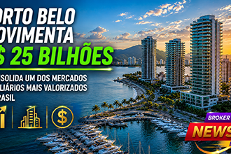 Fotografia hiper-realista de Porto Belo, em Santa Catarina, mostrando a orla com mar azul, modernos edifícios residenciais de alto padrão, marina com embarcações, áreas verdes e intensa expansão urbana ao pôr do sol, representando a valorização e o crescimento do mercado imobiliário da cidade.