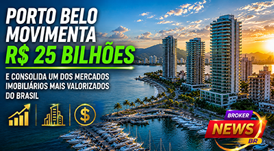 Fotografia hiper-realista de Porto Belo, em Santa Catarina, mostrando a orla com mar azul, modernos edifícios residenciais de alto padrão, marina com embarcações, áreas verdes e intensa expansão urbana ao pôr do sol, representando a valorização e o crescimento do mercado imobiliário da cidade.