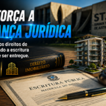 Fotografia hiper-realista de um juiz segurando um martelo de madeira diante de documentos imobiliários, escritura pública, matrícula de imóvel e maquete de edifício moderno, com o prédio do Superior Tribunal de Justiça ao fundo desfocado, simbolizando segurança jurídica, decisões judiciais e proteção aos compradores no mercado imobiliário brasileiro.