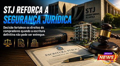 Fotografia hiper-realista de um juiz segurando um martelo de madeira diante de documentos imobiliários, escritura pública, matrícula de imóvel e maquete de edifício moderno, com o prédio do Superior Tribunal de Justiça ao fundo desfocado, simbolizando segurança jurídica, decisões judiciais e proteção aos compradores no mercado imobiliário brasileiro.