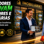 Fotografia hiper-realista de um corretor de imóveis apresentando um imóvel moderno a um casal durante uma visita, utilizando tablet para mostrar informações da propriedade, em um ambiente elegante e iluminado, simbolizando confiança, consultoria especializada, atendimento humanizado e a importância da intermediação profissional no mercado imobiliário.