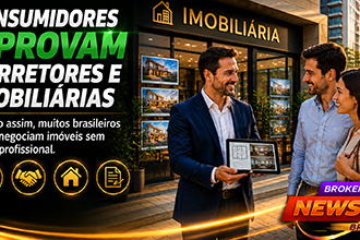 Fotografia hiper-realista de um corretor de imóveis apresentando um imóvel moderno a um casal durante uma visita, utilizando tablet para mostrar informações da propriedade, em um ambiente elegante e iluminado, simbolizando confiança, consultoria especializada, atendimento humanizado e a importância da intermediação profissional no mercado imobiliário.