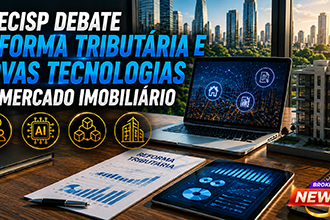 Fotografia hiper-realista de um auditório moderno durante um congresso imobiliário, com especialistas palestrando sobre Reforma Tributária, Inteligência Artificial, blockchain e inovação, enquanto corretores de imóveis acompanham atentamente a apresentação em um ambiente tecnológico e profissional que simboliza a evolução do mercado imobiliário brasileiro.