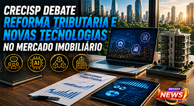 Fotografia hiper-realista de um auditório moderno durante um congresso imobiliário, com especialistas palestrando sobre Reforma Tributária, Inteligência Artificial, blockchain e inovação, enquanto corretores de imóveis acompanham atentamente a apresentação em um ambiente tecnológico e profissional que simboliza a evolução do mercado imobiliário brasileiro.