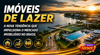 Fotografia hiper-realista de um condomínio de lazer de alto padrão à beira de um lago, com casas modernas, marina, piscina, áreas verdes, quadras esportivas, famílias caminhando e pôr do sol refletindo na água, representando a crescente valorização dos imóveis de lazer no mercado imobiliário brasileiro.