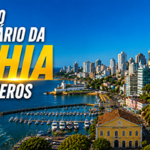 Mercado Imobiliário da Bahia em Números com vista de Salvador, edifícios, orla e elementos urbanos representando o crescimento do mercado imobiliário baiano.