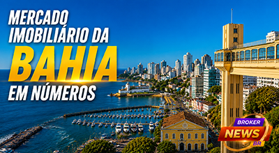 Mercado Imobiliário da Bahia em Números com vista de Salvador, edifícios, orla e elementos urbanos representando o crescimento do mercado imobiliário baiano.