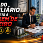 Fotografia hiper-realista de um corretor de imóveis reunido com um comprador e um advogado em uma sala moderna, analisando documentos imobiliários sobre uma mesa, enquanto ao fundo aparecem um edifício corporativo, elementos discretos de segurança digital, assinatura eletrônica, registros imobiliários e ambiente profissional que transmite transparência, conformidade, tecnologia e segurança jurídica no mercado imobiliário.