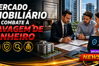 Fotografia hiper-realista de um corretor de imóveis reunido com um comprador e um advogado em uma sala moderna, analisando documentos imobiliários sobre uma mesa, enquanto ao fundo aparecem um edifício corporativo, elementos discretos de segurança digital, assinatura eletrônica, registros imobiliários e ambiente profissional que transmite transparência, conformidade, tecnologia e segurança jurídica no mercado imobiliário.