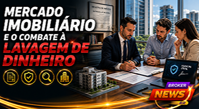 Fotografia hiper-realista de um corretor de imóveis reunido com um comprador e um advogado em uma sala moderna, analisando documentos imobiliários sobre uma mesa, enquanto ao fundo aparecem um edifício corporativo, elementos discretos de segurança digital, assinatura eletrônica, registros imobiliários e ambiente profissional que transmite transparência, conformidade, tecnologia e segurança jurídica no mercado imobiliário.